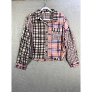 Dance & Marvel Patchwork Plaid Shirt Womens M Pink Distressed Cropped Button‎